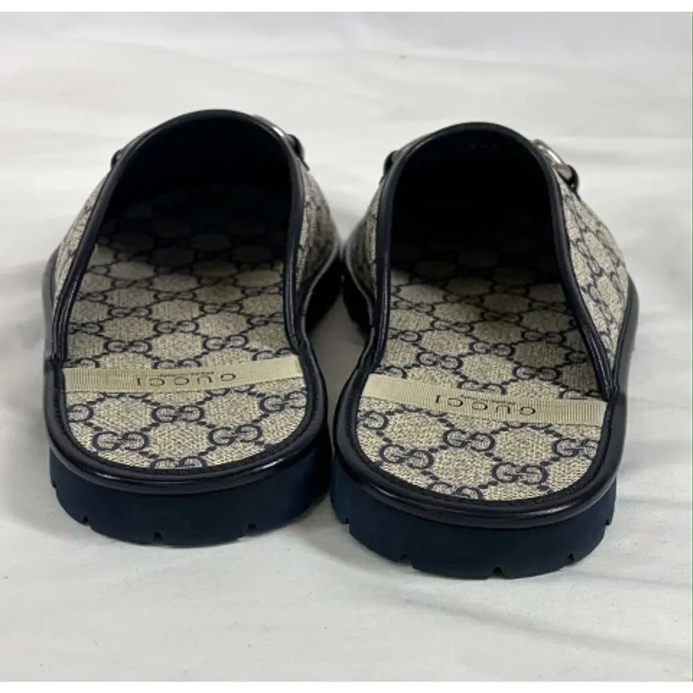 GUCCI Mule Slippers GG Navy Monogram & Silver tone Horsebit Size 5 SPB JA-368398